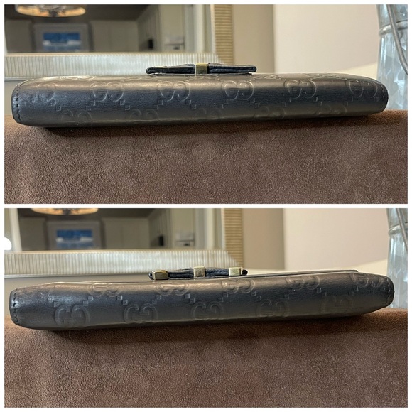 Gucci black leather Guccisimo trifold wallet with blk leather & gold tipped bow - Picture 4 of 15